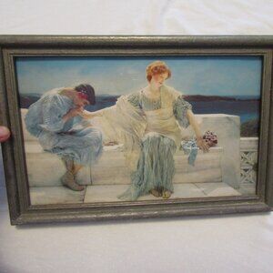 Antique Vintage Small Framed Grecian Greek Print of Two Lovers with Blue Water
